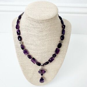 Genuine Amethyst & Sterling Silver Necklace Purple Drop Pendant
